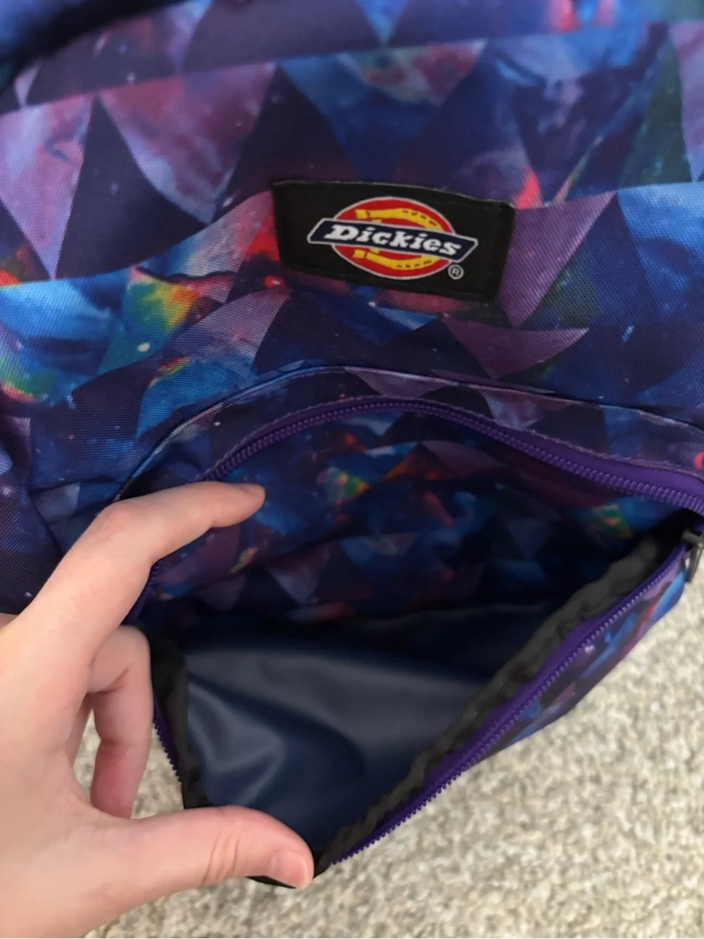 Dickies Purple Galaxy Triangle Mini Backpack with Blue and Pink Accents